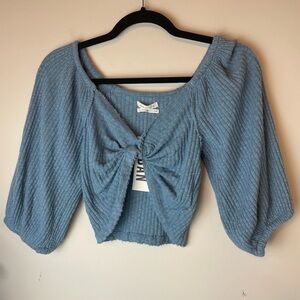 Urban Outfitters Womens Top Size L Blue Stretch Knit Deep V Neck Lena Twist Crop